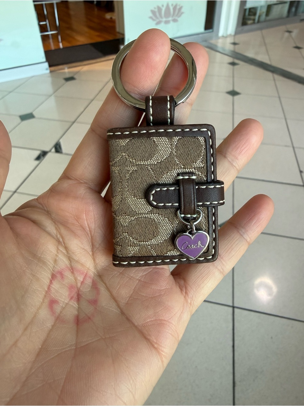 Coach Brown/Tan Signature Mini Keychain Wallet with Purple Heart Charm